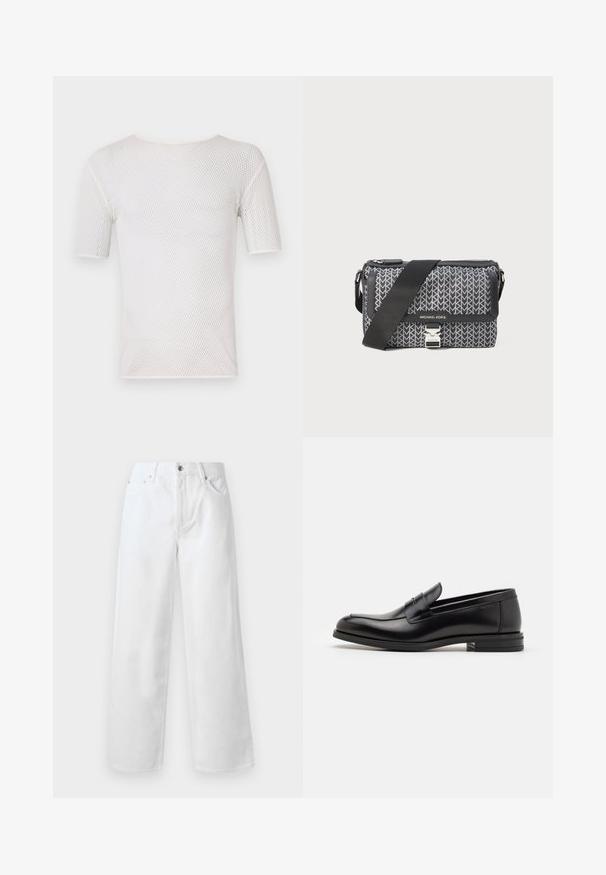 Bally Základné tričko - white; rag & bone BAGGY - Džínsy baggy - white; Čierne kožené mokasíny s hladkou textúrou, zaoblenou špičkou a dekoračným pásikom cez priehlavok. Nízky vrstvený opätok, minimalistický dizajn.; Čierna a sivá crossbody taška s geometrickým vzorom, zipsom a akcentom v striebornom tóne. Obsahuje nastaviteľný popruh.