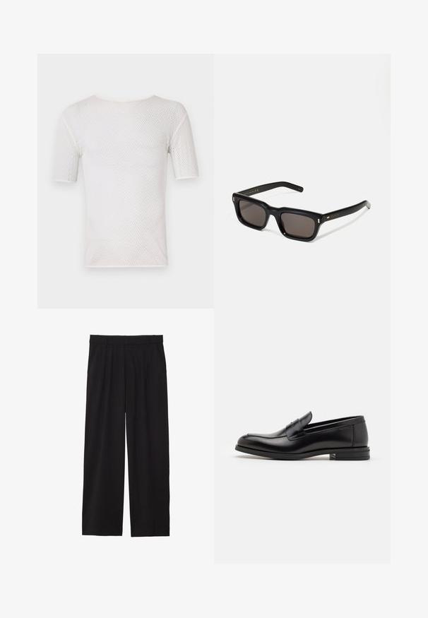 Bally Camiseta básica - white; Pantalones de pierna ancha negros con frente plisado, bolsillos laterales y una textura de tela suave. Diseñados para un ajuste relajado.; Mocasines de cuero negro con una textura suave, puntera redondeada y una tira decorativa en el empeine. Tacón bajo apilado, diseño minimalista.; Gafas de sol rectangulares negras con lentes oscuros, marco de plástico grueso, acentos dorados en las patillas y logotipo de la marca grabado en el brazo.