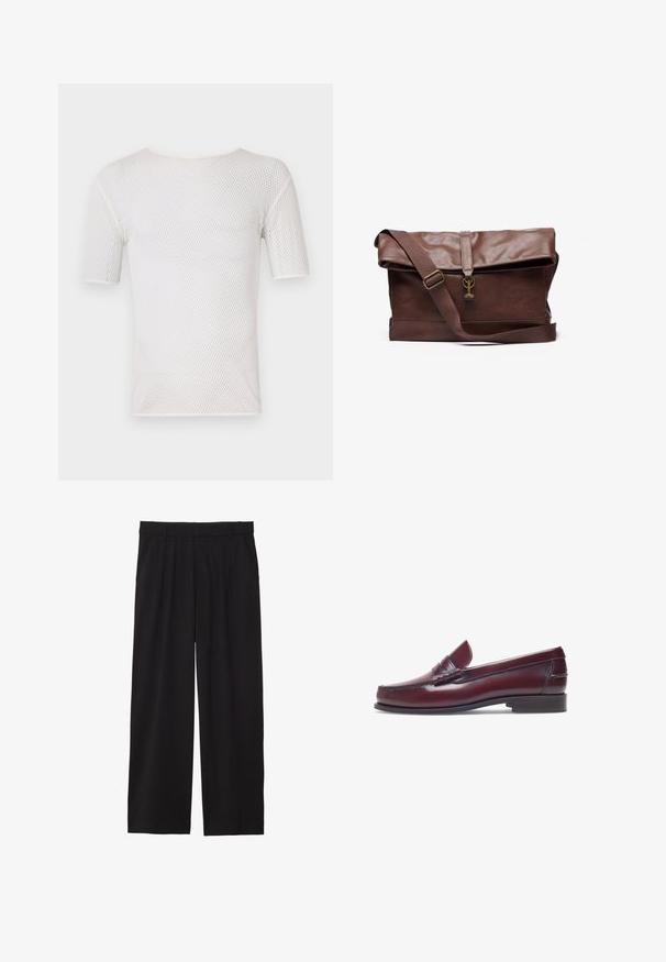 Bally Basic T-shirt - white; Black wide-leg trousers with a pleated front, side pockets, and a smooth fabric texture. Designed for a relaxed fit.; Burgundy leather loafer with a rounded toe, stitched detailing, and a small decorative accent on the vamp. Flat, contrasting sole.; Brown leather messenger bag with a fold-over flap, adjustable strap, metal hardware, and a smooth finish. Includes a front closure with a loop.; Square quartz wristwatch with a white dial, blue hands, Roman numerals, a date display, and a black leather strap with a textured finish.