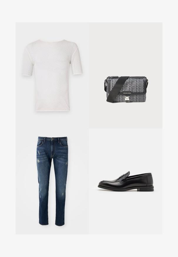 Bally T-Shirt basic - white; Dunkelblaue Jeans aus Denim mit slim fit, leichten Abnutzungen an den Oberschenkeln und Knien, klassischem Fünf-Taschen-Design und Knopfverschluss.; Schwarze Lederloafers mit glatter Textur, rundem Zehenbereich und einem dekorativen Riemen über dem Vorderfuß. Niedriger, gestapelter Absatz, minimalistisches Design.; Schwarz- und grau gemusterte Umhängetasche mit geometrischem Design, Reißverschluss und silberfarbener Hardware-Akzent. Verstellbarer Gurt inklusive.