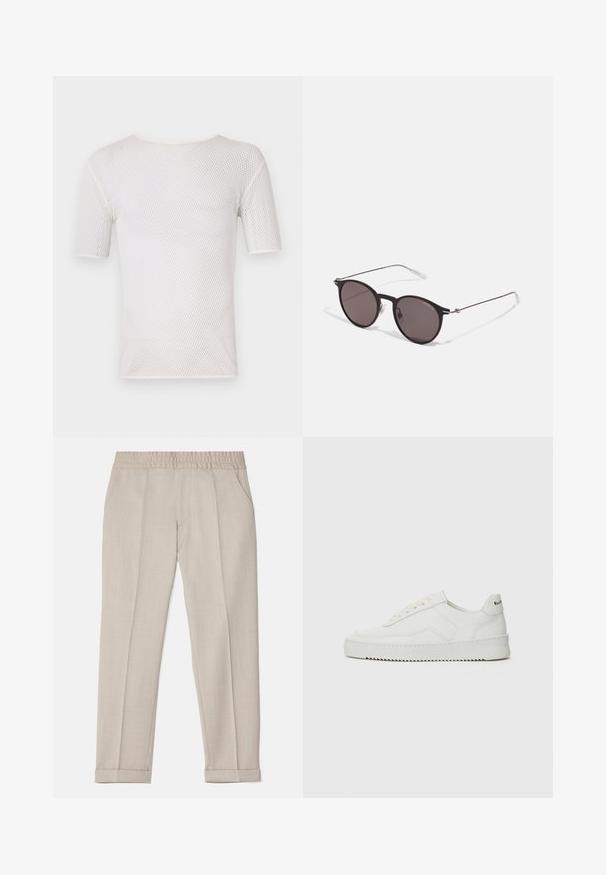 Bally T-Shirt basic - white; Filippa K TERRY CROPPED TROUSERS - Stoffhose - sage melange; Weiße Ledersneaker mit glatter Oberfläche, runder Zehenpartie, flachen Schnürsenkeln und strukturiertem Sohlenprofil. Mit einem dezenten Logo an der Ferse.; Schwarze runde Sonnenbrille mit dunklen Gläsern und schlanken Metallbügeln. Enthält klare Tempelspitzen und silberne Akzente am Scharnier. Minimalistisches Design.
