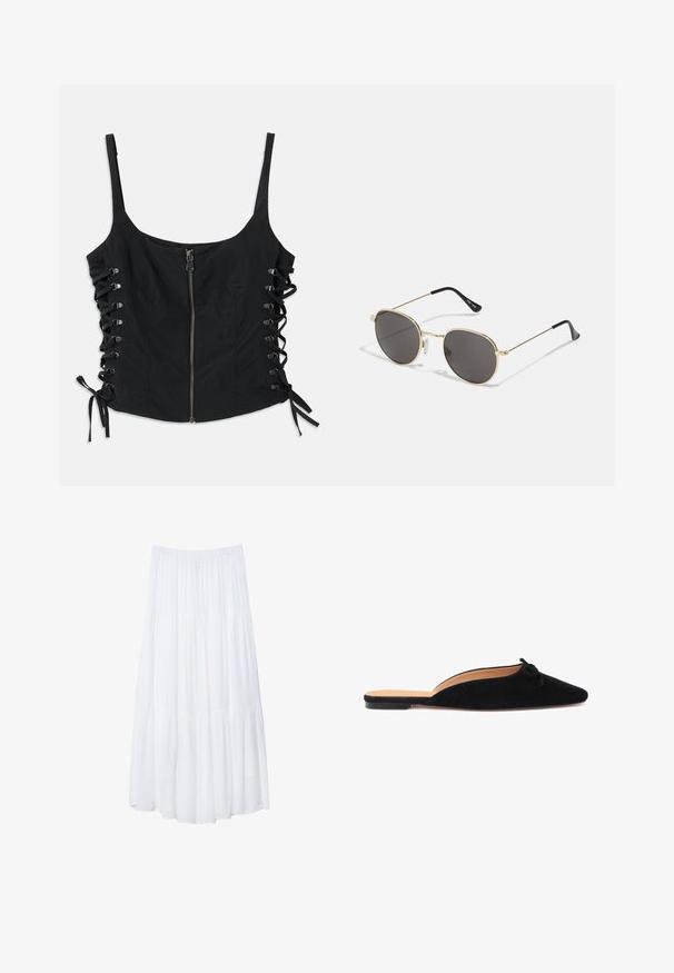 Black sleeveless top with front zipper and lace-up sides tied with bows, featuring thin shoulder straps and a fitted silhouette.; White, tiered maxi skirt made of lightweight fabric. Features an elastic waistband and flowing design with soft, subtle texture.; Black suede slip-on shoe with a pointed toe and a small decorative bow on the vamp, featuring a flat sole and an open back.; Round sunglasses with dark lenses, thin gold metal frame, plastic temple tips, and adjustable nose pads. Minimalist design with a classic look.; Straw handbag with a wide, fan-shaped design, black leather handles, and black floral accents on one side.
