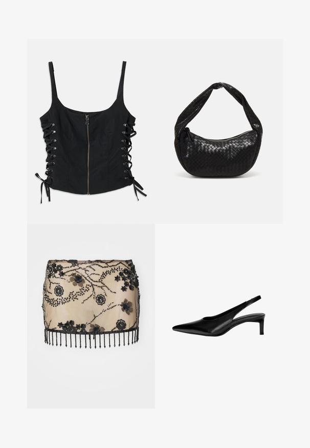 Top smanicato nero con zip frontale e lati con lacci legati con fiocchi, dotato di spalline sottili e una silhouette aderente.; Mini gonna nera decorata con applicazioni floreali, paillettes e orlo in frange di perline. Realizzata in materiale trasparente con dettagli intricati.; Scarpa slingback in pelle nera con punta affilata, tacco basso e design a taglio sui lati. Texture liscia con un aspetto elegante.; Borsa a tracolla in pelle intrecciata nera con forma curvata, dotata di una maniglia spessa e chiusura con zip. Superficie testurizzata con finitura lucida.