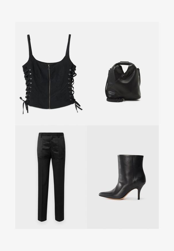 Sort ærmeløs top med lynlås foran og snøringsider bundet med sløjfer, med tynde stropper og en tætsiddende silhuet.; Sorte skræddersyede bukser med lige ben og en livrem med bæltesløjfer, der har en blanding af matte og glinsende stofpaneler.; Sort læder ankelstøvle med spids tå, slank stiletthæl og glat tekstur. Minimalistisk design uden synligt hardware eller accenter.; Sort, blødt lædertaske med et unikt snoet design. Har et kort håndtag og en aftagelig skulderrem. Minimalistisk stil.