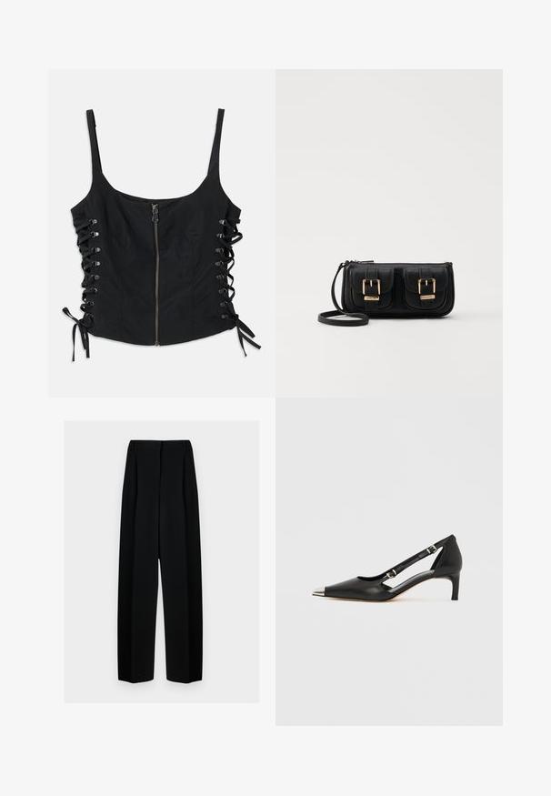 Black sleeveless top with front zipper and lace-up sides tied with bows, featuring thin shoulder straps and a fitted silhouette.; Black wide-leg trousers with a high waist, featuring pleats and a smooth texture. The fabric appears lightweight and drapes elegantly.; Black leather kitten heel with pointed silver toe cap and dual buckle straps on a white background.; Black leather crossbody bag with two front pockets, gold buckles, zipper closure, and a slim strap. Textured surface and compact rectangular shape.