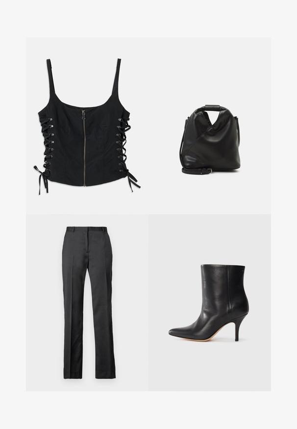 Top negro sin mangas con cremallera frontal y laterales con cordones atados con lazos, que presenta tirantes delgados y una silueta ajustada.; Pantalones de traje negros a medida, confeccionados con una tela suave. Presentan un diseño de pierna recta, con frente plano y un sutil detalle de pliegue.; Botín de cuero negro con punta afilada, tacón de aguja delgado y textura lisa. Diseño minimalista sin hardware o acentos visibles.; Bolso de cuero negro y suave con un diseño retorcido único. Presenta un asa corta y una correa de hombro desmontable. Estilo minimalista.