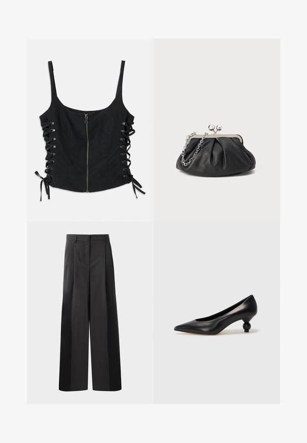 Top smanicato nero con zip frontale e lati con lacci legati con fiocchi, dotato di spalline sottili e una silhouette aderente.; Pantaloni neri a gamba larga con vita alta, caratterizzati da pieghe frontali, una texture liscia e una finitura sartoriale. Progettati per un fit rilassato.; Scarpa con tacco alto in pelle nera, con punta affilata e tacco arrotondato e bombato. Texture liscia con un design elegante e minimalista.; Clutch in pelle nera con texture arricciata, cornice in metallo color argento, chiusura a scatto e tracolla a catena. Superficie liscia e morbida.