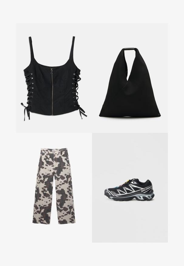 Černý bezrukávový top s předním zipem a krajkovými stranami vázanými mašlemi, s tenkými ramínky a přiléhavým střihem.; Široké džíny v béžové barvě s hnědým vzorem kravské srsti. Mají zapínání na knoflík a design s pěti kapsami. Vyrobeny z denimu.; Černá běžecká bota se stříbrnými akcenty, materiál GORE-TEX, strukturovaná podrážka a barevné šňůrky. Má polstrovanou patu pro podporu.; Černá taška z látky s jedinečným designem ve tvaru V a hladkou strukturou. Obsahuje krátké ucho s minimalistickým kováním.