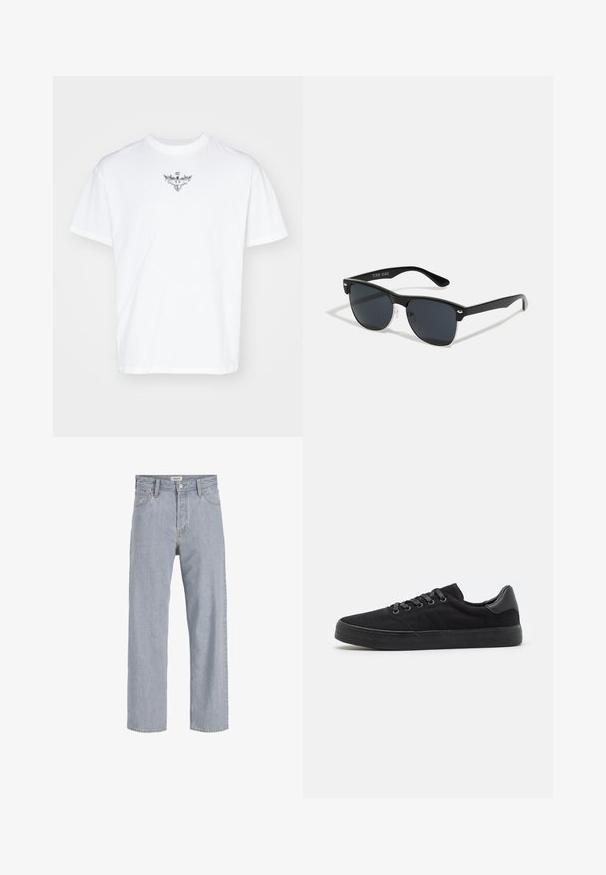 Weißes Baumwoll-T-Shirt mit Rundhalsausschnitt, lockerer Passform und einem silbernen Grafikdesign mit Flügeln im Brustbereich.; Helle blaue Jeans aus Denim mit lockerer Passform, geradem Bein, sichtbaren Nähten, zwei vorderen Taschen und einem Knopfverschluss.; Schwarze Leinensneaker mit strukturiertem Gummisohle, Schnürdesign und einer glatten Lederakzent an der Ferse.; Schwarze Sonnenbrille mit rechteckiger Form, dunklen Gläsern, silbernen Akzenten an den Bügeln und mattierter Oberfläche des Rahmens.