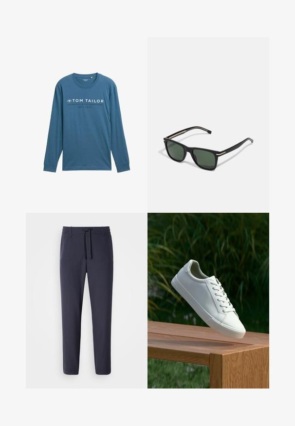 T-maica z dolgimi rokavi v teal barvi, izdelana iz mehkega bombaža s krojnim ovratnikom, sredi katere je bel napis "TOM TAILOR AUTHENTIC DENIM DEPARTMENT."; Mornarske jogger hlače z elastičnim pasom in vrvico. Narejene iz gladkega materiala, imajo zožane noge in brez vidnih žepov.; Beli vezani športni čevlji, ki lebde nad leseno klopjo z zelenim rastlinjem v ozadju, prikazujejo obliko in teksturo čevlja.; BOSS Sončna očala - black