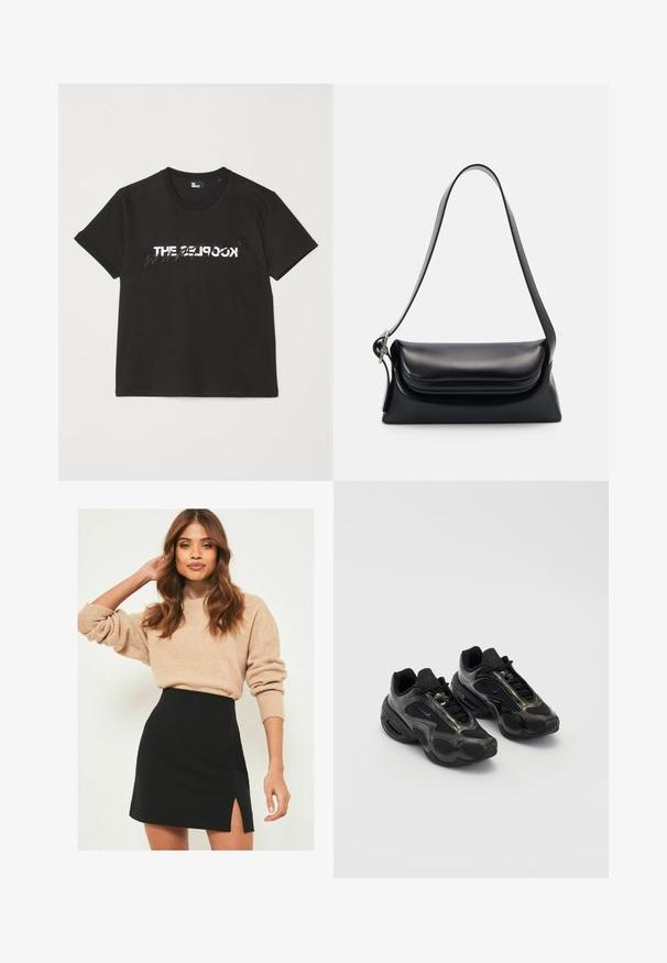 Musta puuvillapaita lyhyillä hihoilla, jossa on edessä painettu valkoinen ja harmaa "THE 2LOOK" -design. Klassinen pyöreä kaula-aukko.; Beige neulepaita, jossa on röyhelöhiha, yhdistetty mustaan mini-hameeseen, jossa on sivuaukko. Asu on rento mutta kuitenkin hyvin istuva.; Musta urheilukengät, joissa on synteettistä materiaalia, verkkomäisiä yksityiskohtia ja pyöristetyt pohjat. Varustettu nauhakiinnityksellä ja näkyvällä Nike-logoilla kengän kielessä.; Musta nahkainen käsilaukku, jossa on jämäkkä muoto, sileä pinta ja yksi olkahihna. Sisältää hienovaraisen, pyöristetyn läppädesignin.; Hopeakotoinen Casio kvartsikello, jossa on suorakaiteen muotoinen kellotaulu, analoogiset ja digitaaliset näytöt, ruostumattomasta teräksestä valmistettu ranneke sekä vedenkestävyysominaisuudet.