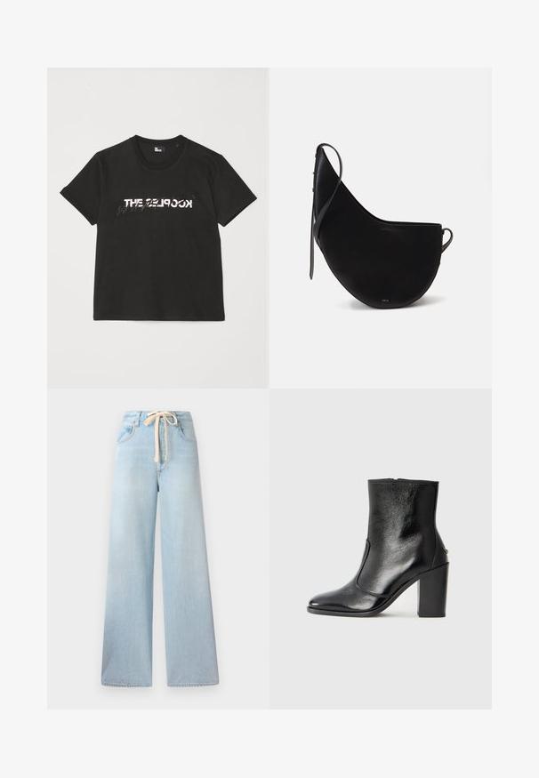 T-shirt de algodão preto com mangas curtas, apresentando um design impresso em branco e cinza "THE 2LOOK" na parte da frente. Gola redonda clássica.; Jeans de perna larga em azul claro, feitos de denim, com um cós elástico e design clássico de cinco bolsos, apresentando um desbotamento mínimo.; Bota ankle preta em pele com uma textura suave, bico fino e um salto alto robusto. Apresenta uma abertura lateral e um design minimalista.; Mala de mão em couro preto com uma forma de lua curva, apresentando uma alça fina e uma discreta marcação dourada na frente. Textura suave com hardware mínimo.