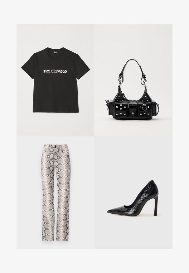 Sort bomulds t-shirt med korte ærmer, der har et trykt hvidt og gråt "THE 2LOOK" design over forsiden. Klassisk crew neck.; Slangemønstret bukser i en beige og grå farveskala. Lige ben design med en struktureret overflade og forlommer. Har en knaplukning.; Sorte spidse tå stiletto-sko i krokodilleskind med et strømlinet design, høj hæl og glat sort inderside.; Sort læderhåndtaske med et buet design, prydet med sølvfarvede nitter, en spænde og to sidelommer. Justerbar rem til forskellige bære muligheder.