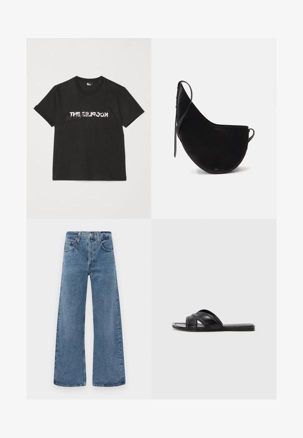 T-shirt de algodão preto com mangas curtas, apresentando um design impresso em branco e cinza "THE 2LOOK" na parte da frente. Gola redonda clássica.; Jeans de ganga azul de perna larga com um design clássico de cinco bolsos, fecho de botão e textura desgastada, apresentando acabamentos em bruto nas bainhas.; Chinelas pretas com acabamento em couro liso, apresentando tiras entrelaçadas e detalhes recortados, além de uma sola plana e flexível.; Mala de mão em couro preto com uma forma de lua curva, apresentando uma alça fina e uma discreta marcação dourada na frente. Textura suave com hardware mínimo.