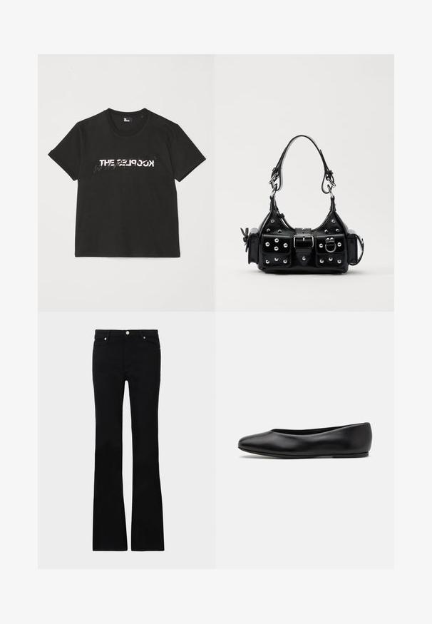 Czarna bawełniana koszulka z krótkim rękawem, z nadrukowanym białym i szarym wzorem "THE 2LOOK" na przodzie. Klasyczny okrągły dekolt.; Czarne dzwony z denimu, z dwoma przednimi kieszeniami, zapięciem na guzik i gładką fakturą. Widoczne charakterystyczne szycie na szwach.; Paul Smith TOPANGA czarny; Czarna skórzana torebka w zakrzywionym kształcie, z srebrnymi ćwiekami, klamrą i dwoma bocznymi kieszeniami. Regulowany pasek umożliwiający różne opcje noszenia.