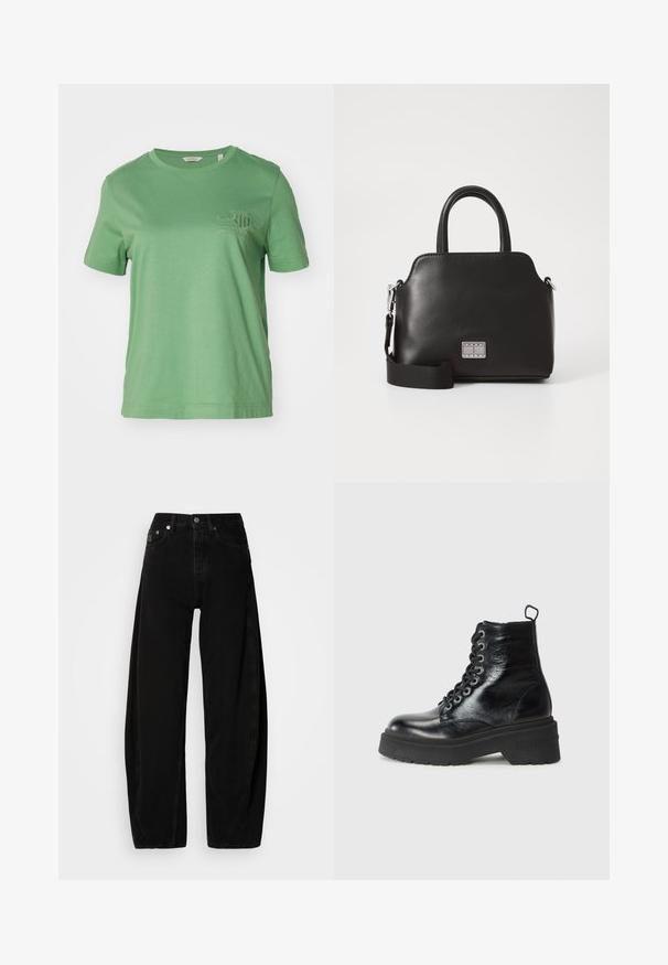 GANT TONAL SHIELD - T-shirts - seacrest green; Svarte denimbukser med bred benvidde og høy midje, med knappestolpe, fem lommer og minimale sømdetaljer.; Sorte ankelstøvler med blank finish, med en chunky plattformsåle og snøredesign, som tydelig viser merket "TOMMY."; Svart syntetisk håndveske med topphåndtak, avtakbar skulderstropp, rund form, glatt tekstur og sølvfarget logo aksent på forsiden.