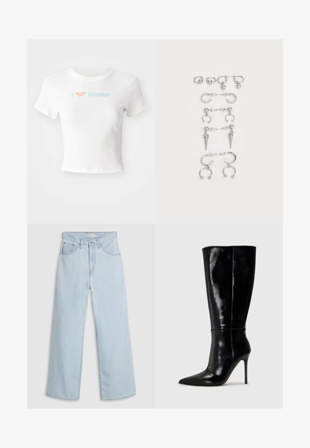 Valge lühike t-särk puuvillast, millel on oranž südame sümbol ja esiküljel helesinine "SURF" trükk. Lühikesed varrukad, ümmargune kaelus.; Hele sinised laia säärega teksapüksid kõrge vöökohaga, millel on nööp- ja tõmblukukinnitused, topeltesmised taskud ning peened õmblused.; Mustad nahast kuni põlveni ulatuvad saapad terava ninaga ja kõrge stiletto kontsaga. Sile tekstuur ja stiilne disain, millel on minimaalne kaunistus.; Hõbedaste kõrvarõngaste komplekt, mis sisaldab erinevaid stiile: rõngad, kõrvaaugud ja rippuvad mudelid, millel on kuulitaolised aktsendid ja teravad elemendid.