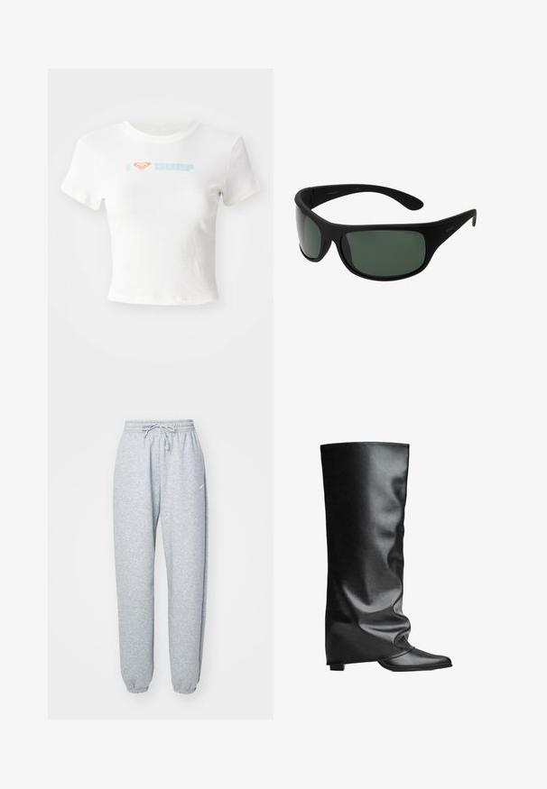 Valkoinen lyhythihainen paita, joka on valmistettu puuvillasta. Ominaisuuksina on "I ❤️ SURF" -teksti vaaleansinisellä ja oranssilla. Lyhyet hihat ja pyöreä kaula-aukko.; Valkoiset harmaat collegehousut, jotka on valmistettu pehmeästä puuvillasekoitteesta. Niissä on joustava vyötärö narutakilla, kapenevat lahkeet ja ribbireunat. Vähäistä brändäystä.; Mustat nahkaiset polven yli ulottuvat saappaat, joissa on sileä pinta, löysä muotoilu, terävä sääntö ja matala neliömäinen korko. Minimalistinen tyyli ilman näkyvää metalliosaa.; Mustat wraparound aurinkolasit tummanvihreillä linsseillä. Matte-pinta, kaareva muotoilu, suorat sivupäät ja hillitty brändäys sivussa.