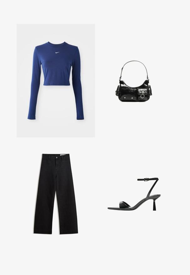 Sötétkék, hosszú ujjú, cropped top sima anyagból, kerek nyakkivágással és egy kis fehér Nike logóval a mellrészen.; Fekete, bő szabású farmernadrág magas derékkal, elülső és hátsó zsebekkel, varrott felületekkel és gombos záródással. Sima textúra.; Bershka Magas sarkú szandálok - black; Fekete lakkbőr kézitáska ívelt formával, egy vállpánttal, elülső zsebekkel és ezüstszínű fémrészletekkel.
