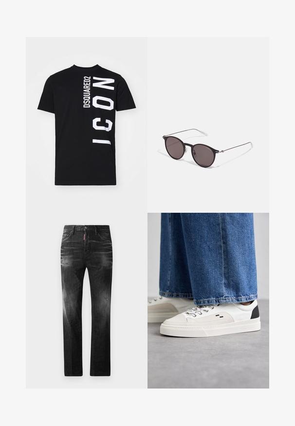 Black cotton t-shirt featuring bold white text design: "DSQUARED2" vertically and "ICON" horizontally on the side. Classic round neckline.; Black denim jeans with a straight fit. Features faded areas, minor distressing, classic five-pocket design, and a button closure.; White and black sneakers with a smooth leather upper, textured accents, and a chunky white sole. Features a classic lace-up design.; Black round sunglasses with dark lenses and slim metal arms. Includes clear temple tips and silver accents at the hinge. Minimalist design.