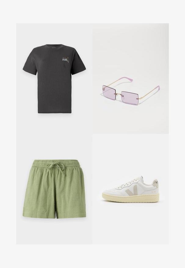 T-shirt en coton gris à manches courtes. Présente un petit design brodé multicolore sur la poitrine avec le texte "Billing". Coupe classique.; Shorts en coton vert clair avec une taille élastique et un cordon de serrage. Comprend des poches latérales et un fini textile texturé.; Baskets blanches en cuir avec des accents en daim beige, boîte à orteils perforée, lacets plats et semelle texturée crème. Présente un logo discret au talon.; Lunettes de soleil rectangulaires teintées de violet avec une fine monture en métal doré. Comprend des plaquettes de nez transparentes et des embouts de branches en plastique violet clair.