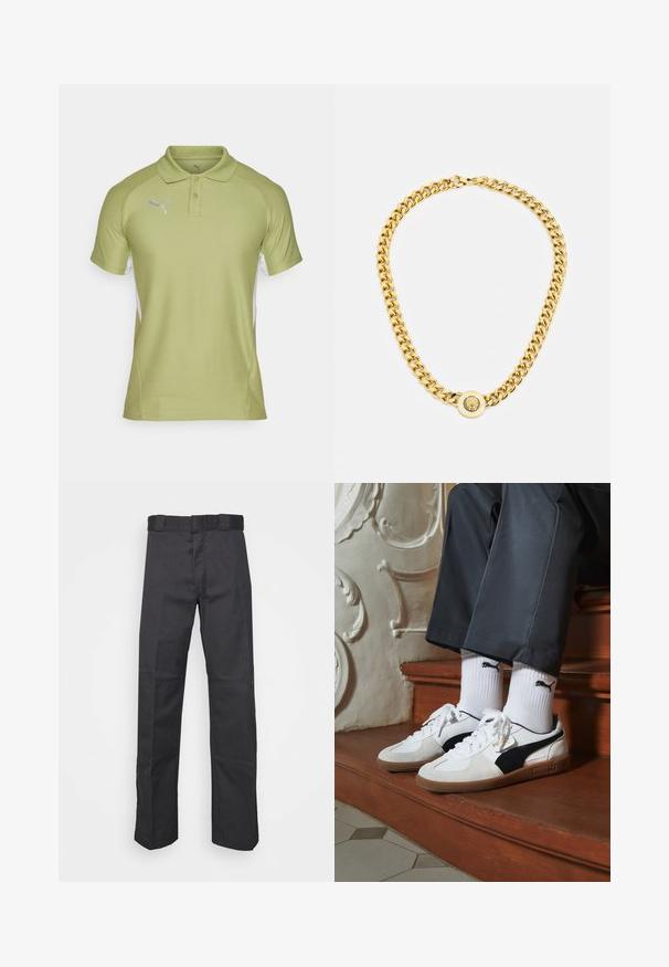 Hele roheline polo särk, millel on krae, kaks nuppu ja lühikesed varrukad. Valged külgpaneelid ja hõbedane Puma logo rinnal.; Mustadest kangast püksid, mis on valmistatud vastupidavast materjalist, sirge jala disainiga, vöökoha jaoks nööbid ja õmblused lisatekstuuri saavutamiseks.; Puma tossud valgest ja mustast südamikust, millel on pruun kummi tall. Kombineeritud valgete sokkidega, millel on must logo, kantud tumedate pükstega.; Kuldne kett kaelakee suurte omavahel ühendatud linkidega, mille keskel on ringikujuline ripats, millel on kõrgendatud emblem.
