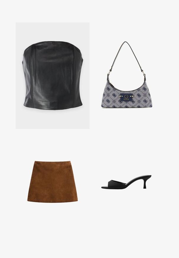 Černý kožený top bez ramínek se přiléhavým střihem, hladkým povrchem a jemnými švy podél těla pro upravený vzhled.; Hnědá semišová mini sukně s hladkou texturou, A-liniovým střihem a čistým zakončením. Žádné viditelné kovové prvky nebo vzory. Jednoduchý a elegantní design.; Černé lodičky na vysokém podpatku s širokým, otevřeným špičkou a zakřiveným svrškem. Vyrobené z texturované látky, mají štíhlý podpatek a hladkou podrážku.; Kabelka ve stylu hobo z tmavě modré tkaniny s diamantovým vzorem, s logem a hladkým ramenním popruhem. Texturovaný povrch.