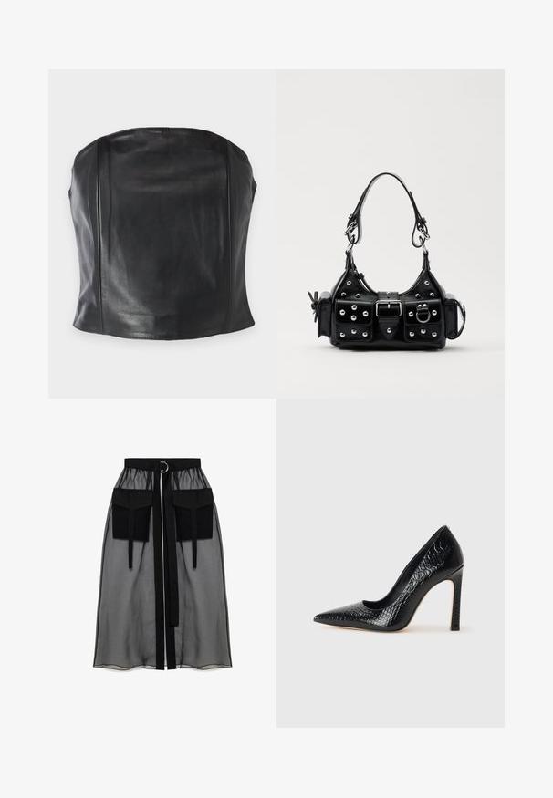 Czarny skórzany top bez ramiączek, charakteryzujący się dopasowanym krojem, gładką fakturą oraz subtelnymi szwami wzdłuż ciała, co nadaje mu elegancki wygląd.; Czarna przezroczysta spódnica z marszczeniem w pasie, posiadająca dwie dużej wielkości kieszenie z przodu, pasek w talii oraz okrągły metalowy akcent.; Czarne szpilki z ostrym noskiem, pokryte teksturą skóry krokodyla, charakteryzujące się eleganckim wzornictwem, wysokim obcasem w stylu stiletto oraz gładkim czarnym wnętrzem.; Czarna skórzana torebka w zakrzywionym kształcie, z srebrnymi ćwiekami, klamrą i dwoma bocznymi kieszeniami. Regulowany pasek umożliwiający różne opcje noszenia.