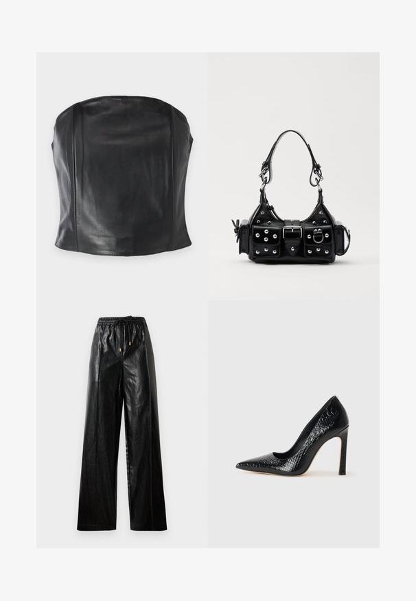Fekete bőr pánt nélküli felső, amely a testhez simuló fazonjával, sima textúrájával és finom varrásaival a testre szabott megjelenést kölcsönöz.; Fekete bőrből készült, bő szárú nadrág rugalmas derékkal, húzózsinórral és arany színű fém részletekkel. Simább textúrájú és laza fazonú.; Fekete hegyes orrú magassarkú cipő krokodilbőr textúrával, letisztult dizájnnal, magas tűsarkú és sima fekete belső résszel.; Fekete bőr kézitáska ívelt designnal, ezüst szegecsekkel, csattal és két oldalsó zsebbel. Állítható vállpánt a hordozási lehetőségekhez.