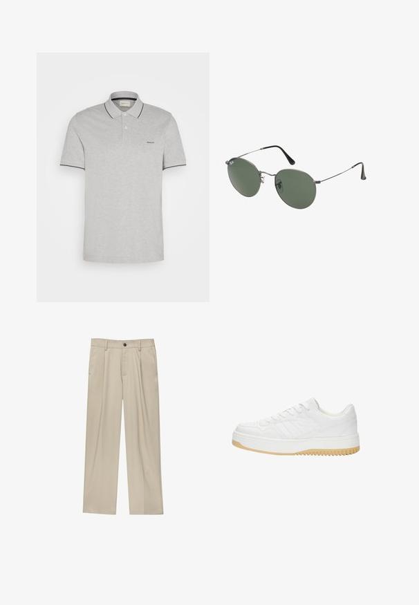 Polo grigia realizzata in tessuto morbido, con una chiusura a due bottoni, dettagli navy sul colletto e sulle maniche, e una discreta ricamo del logo.; Pantaloni beige a taglio dritto, con un solo bottone nero, passanti per la cintura e tasche laterali. Tessuto dalla texture liscia e design minimale.; Sneaker bianco in pelle con finitura testurizzata, dotata di suola in gomma, design con lacci e sottili accenti a strisce sui lati.; Occhiali da sole con montatura in metallo e lenti verdi ovali. Montatura sottile in metallo argento e terminali neri. Design minimalista, senza loghi visibili.