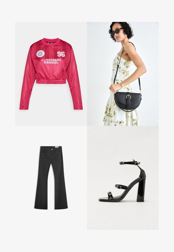 Kraten dolgimi rokavi iz živahno roza barve z bleščečo površino, ki vsebuje napis "J. LINDEBERG KANGOL" in numerični tisk, elastičen rob ter športen dizajn.; Črne flare traperke z gladko teksturo, opremljene z dvema zadnjima žepoma in gumbnim zapiranjem v pasu.; Črne lakaste sandale z visokimi petami, z dvema trakovoma z zaponkama, kvadratnim sprednjim delom in masivno širšo peto, z gladko, sijočo teksturo.; Črna usnjena torbica s ukrivljeno obliko, z odstranljivo naramnico in zlatimi dodatki. Torbica ima pokrov s podrobnostmi v obliki zaponke.