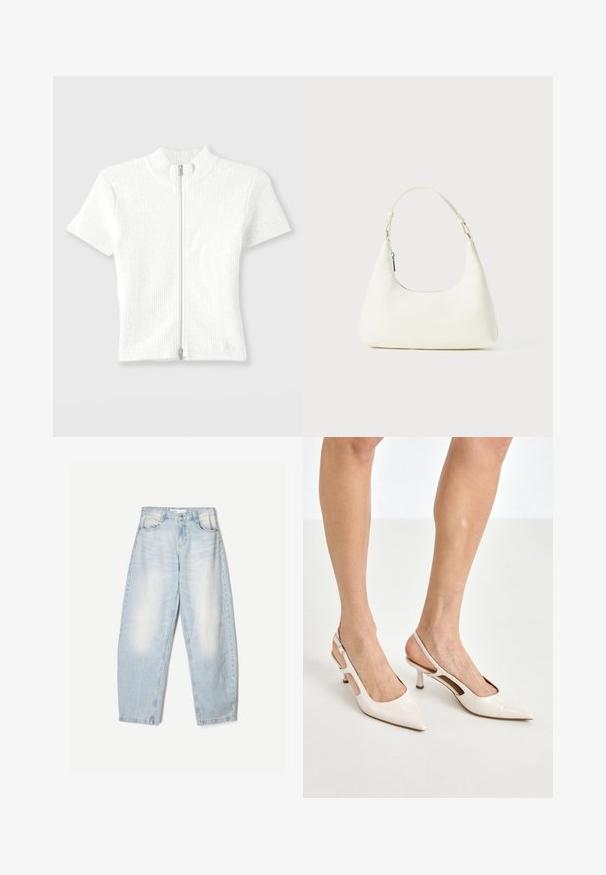 Upnutý bílý žebrovaný pletený top s krátkým rukávem a vysokým límcem, který má přední zip. Vyznačuje se jemnou strukturou s čistým zakončením.; Bílá košile na knoflíky s klasickým límcem, dlouhými rukávy a volným střihem. Vyrobena z lehké látky s hladkým povrchem.; Světle modré džíny s volným střihem, s vybledlým povrchem, dvěma předními kapsami a zapínáním na knoflík v pase.; Béžové lakované lodičky na podpatku s špičatou špičkou a 5 cm podpatkem, se vykrojenými boky a tenkým kotníkovým páskem.; Malá bílá ramenní taška s jedním nastavitelným popruhem a zipovým uzávěrem, umístěná na jednobarevném bílém pozadí.