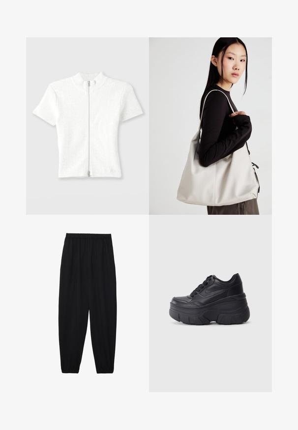 Tett hvit ribbestrikket kortermet topp med høy krage og glidelås foran. Har en subtil tekstur med en ren finish.; Svarte, lette bukser med elastisk liv og rynkede ankler. Stoffet er glatt og har en avslappet, innsvingt design.; Sorte snøresko med tykk såle, med et glatt læroverdel, rund tå og distinkt lagdelt plattformdesign.; Beige håndveske laget av mykt materiale, med en slapp design, sydd detaljer og to skulderstropper. Passer for daglig bruk.