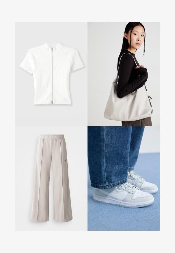 Top scurt, ajustat, din tricot alb cu dungi, cu guler înalt și fermoar frontal. Prezintă o textură subtilă și o finisare curată.; Pantaloni largi de culoare gri deschis, confecționați dintr-un material neted. Au o talie elastică și un logo Nike negru pe partea stângă.; Tenisi Nike din piele albă și gri deschis, cu vârful perforat, șireturi plate și talpă din cauciuc, asortați cu blugi din denim albastru.; Geantă bej din material moale, cu un design lejer, detalii cusute și două bretele pentru umăr. Potrivită pentru utilizarea zilnică.
