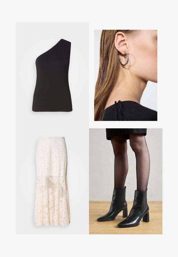 Top negro de un solo hombro hecho de un material suave y elástico; diseño ajustado con una silueta elegante y una textura suave. Sin adornos visibles.; Falda midi de encaje floral en crema; cuenta con un diseño en capas con secciones transparentes, encaje texturizado y un dobladillo acampanado.; Botines de cuero negro hasta el tobillo con punta afilada, tacón cuadrado grueso y diseño elegante. Presentan paneles laterales elásticos para facilitar el uso.; Pendiente de aro de plata con un acabado pulido, que presenta pequeños detalles en dorado y una forma redonda, llevado en el lóbulo.