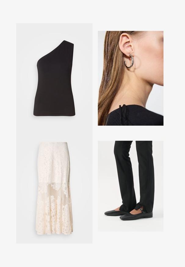 Čierny top s jedným ramienkom vyrobený z mäkkého, elastického materiálu; priliehavý dizajn s elegantným siluetou a hladkou textúrou. Žiadne viditeľné ozdoby.; Kvetinová čipkovaná midi sukňa v krémovej farbe; obsahuje vrstvený dizajn s priesvitnými časťami, textúrovanou čipkou a rozšíreným lemom.; Čierne kožené baletky s špicatou špičkou, remienkom so striebornou prackou, skombinované s čiernymi strihovými nohavicami so rozparkom na leme.; Strieborná kruhová náušnica s lesklým povrchom, obsahujúca malé zlaté akcenty a okrúhly tvar, nosená na lalôčiku ucha.