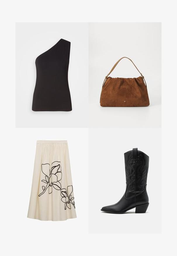 Schwarzes Top mit einem Schulterträger, aus weichem, dehnbarem Material; figurbetontes Design mit schlanker Silhouette und glatter Textur. Keine sichtbaren Verzierungen.; Cremefarbener Rock mit schwarzer Blumenstickerei, ausgestattet mit einem gerafften Bund und fließendem Design, aus einem leichten Stoff gefertigt.; Schwarze Leder-Cowboy-Stiefel mit spitzem Zeh, geprägten, wirbelnden Mustern und einem mittelhohen Absatz. Mit einem Zuglasche für einfaches An- und Ausziehen.; Braune Wildlederhandtasche mit einem gerafften Design, ausgestattet mit einem einzelnen hellbraunen Ledertragegurt und einem subtilen goldenen Logo-Detail auf der Vorderseite.