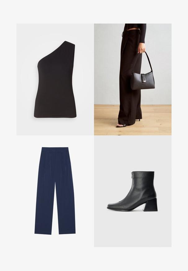 Sort top med én skulder lavet af blødt, strækbart materiale; tætsiddende design med en strømlinet silhuet og glat tekstur. Ingen synlige pynt.; Marineblå bredbenede bukser lavet af blød stof, med frontfolder, en glat tekstur og en lige pasform uden synlige lommer.; Sort læderankelstøvle med firkantet tå, lynlås på siden og blokhæl mod en ensfarvet lys baggrund.; Sort håndtaske med struktureret form, glat overflade og metalspænde. Sammen med brede sorte bukser og sandaler med åben tå på trægulv.