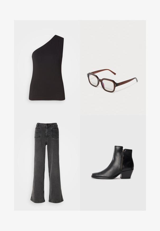 Schwarzes Top mit einem Schulterträger, aus weichem, dehnbarem Material; figurbetontes Design mit schlanker Silhouette und glatter Textur. Keine sichtbaren Verzierungen.; Hoch geschnittene, weit geschnittene schwarze Jeans aus Denim, ausgestattet mit einem Knopfverschluss, Gürtelschlaufen und zwei hinteren Taschen mit gestickten Akzenten.; Schwarze Leder-Ankle-Boots mit spitzem Zeh, seitlichem Reißverschluss und blockiertem Absatz. Glatte Textur und minimalistisches Design.; Braune durchsichtige rechteckige Brille mit klaren Gläsern, leichter lila Reflexion und kleinen goldenen dekorativen Punkten an den vorderen Ecken.; Silberne Creolen mit einer glatten, polierten Oberfläche. Runde Form mit einem leicht geschwungenen Design und abgerundeten Kanten. Sicherheitsverschluss.