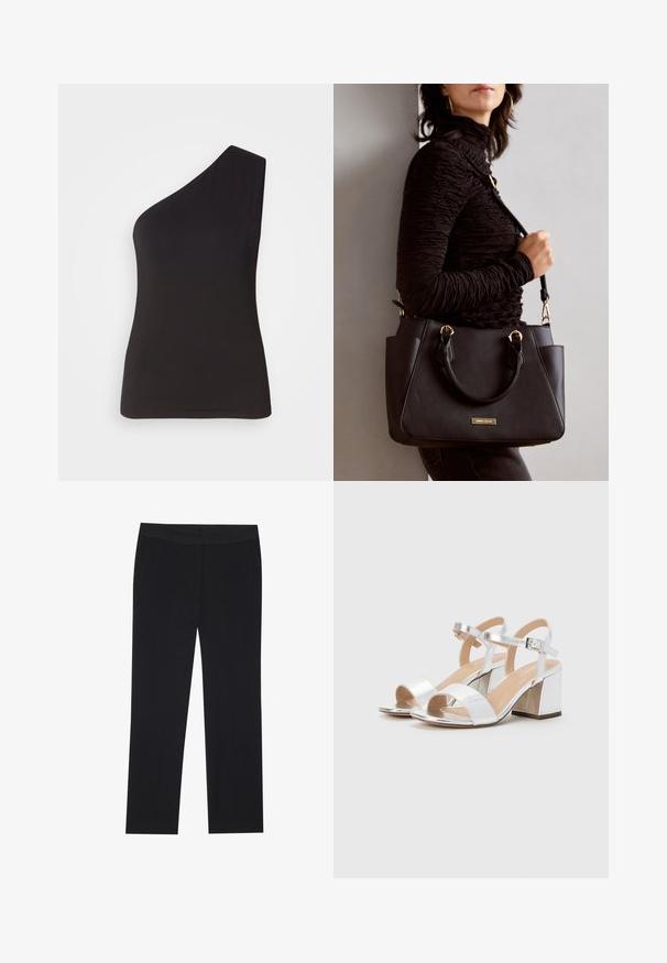 One-shoulder black top made of soft, stretchy material; fitted design with a sleek silhouette and smooth texture. No visible embellishments.; Black trousers with a straight leg design, featuring side pockets and a smooth fabric texture. Minimal detailing, clean waistband.; Silver high-heeled sandals with open toes, featuring two wide straps and a rounded block heel. Smooth texture with metallic finish.; Black handbag with textured surface, dual top handles, and adjustable shoulder strap. Features gold-tone hardware and side pockets.