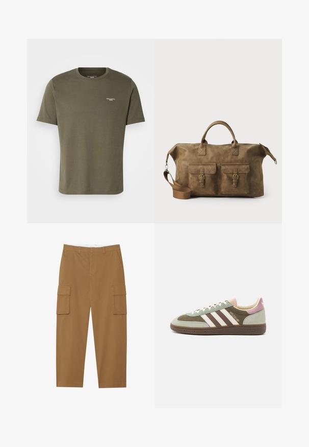 Olíva zöld pamut póló rövid ujjakkal, kerek nyakkivágással és kicsi fehér logóval a mellkasán. Sima tapintású és laza fazonú.; Barna cargo nadrág, két oldalsó zsebbel, sima elülső résszel és egyenes szabással. Tartós anyagból készült, sima textúrával.; Zöld, barna és bézs velúr és textil sportcipő, három fehér csíkkal. Jellemzője egy világos rózsaszín részlet a saroknál és textúrázott talp.; Barna bőr utazótáska, két elülső zsebbe, állítható vállpánttal, arany színű részletekkel és masszív felső fogantyúkkal. Sima felület.