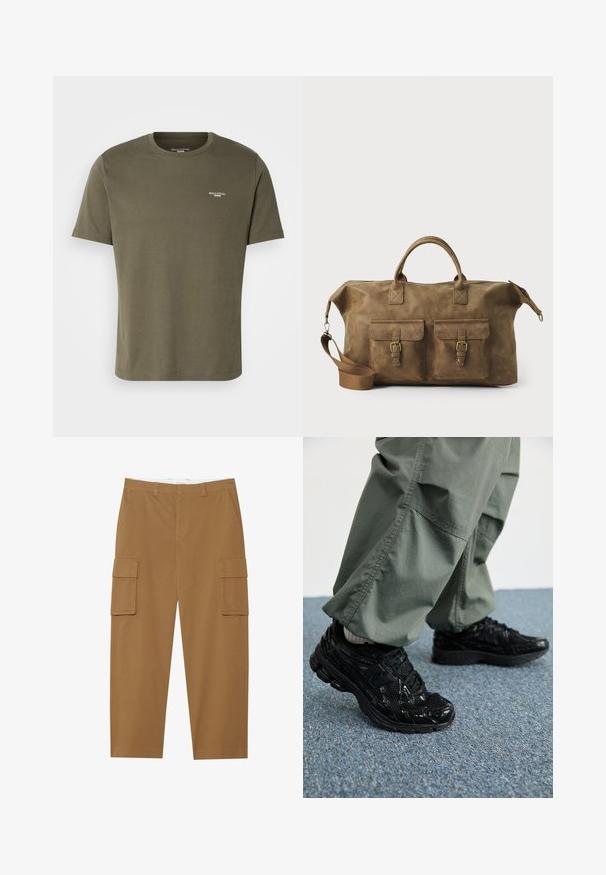 Olivově zelené bavlněné tričko s krátkým rukávem, kulatým výstřihem a malým bílým logem na hrudi. Hladká struktura a volný střih.; Hnědé cargo kalhoty s dvěma bočními kapsami, plochým předním dílem a rovný střihem nohavic. Vyrobené z odolného materiálu s hladkou texturou.; Černé sportovní tenisky s lesklou a síťovou texturou, s silnou podrážkou a tkaničkami, spárované s volnými olivově zelenými cargo kalhotami.; Hnědá kožená cestovní taška s dvěma předními kapsami, nastavitelným ramenním popruhem, zlatými kovovými prvky a pevnými horními uchy. Hladký povrch.