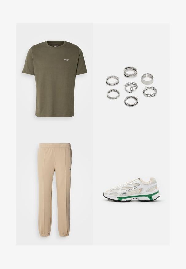 Olive green cotton t-shirt with short sleeves, crew neck, and small white logo on the chest. Smooth texture and casual fit.; Lacoste Tracksuit bottoms - viennese; White sneaker with green accent and black rubber sole. Features mesh and synthetic panels, with a textured finish and visible stitching.; Set of seven silver rings featuring various designs, including twisted, linked, and engraved patterns. Different shapes and widths.