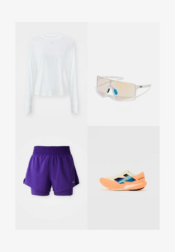 Langärmliges, weißes Sportshirt aus leichtem Material, mit rundem Ausschnitt und kleinem grauen Nike-Logo auf der Brust.; Lila doppellagige Laufshorts mit elastischem Bund und kleinem silbernen Nike-Swoosh am unteren linken Saum.; Laufschuh mit einem leichten cremefarbenen Obermaterial, blauer Markenkennung und orangefarbenen Akzenten an der Sohle. Mesh-Struktur für Atmungsaktivität.; Weiß gerahmte Sonnenbrillen mit großen, verlaufenden Gläsern, die von einem rosa bis hellorange Farbverlauf reichen, akzentuiert durch ein blaues Nasenstück und ein Logo-Detail.