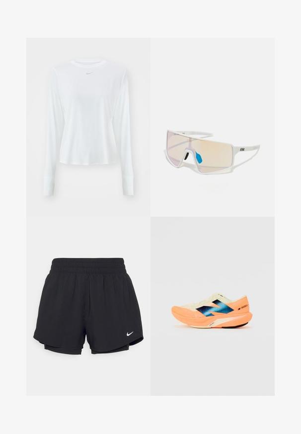 Camisa atlética de manga longa, branca, feita de material leve, com um decote arredondado e um pequeno logo cinza da Nike no peito.; Calções atléticos pretos com um cós elástico franzido, forro interior e o logótipo da Nike em branco no lado inferior esquerdo. Tecido suave e leve.; Sapatilha de corrida com um cabedal leve em creme, marcação azul e detalhes laranja na sola. Textura em malha para maior respirabilidade.; Óculos de sol com armação branca e grandes lentes degradê, apresentando um tom que vai do rosa ao laranja claro, realçados por um apoio nasal azul e detalhe do logótipo.