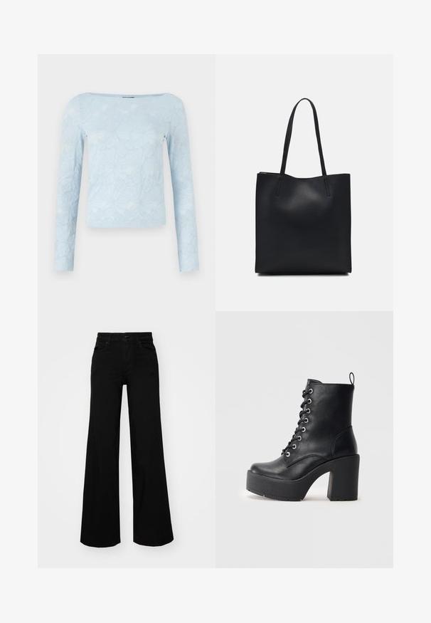 Világoskék, hosszú ujjú felső, texturált virágmintával, négyzet alakú nyakkivágással és testhez simuló fazonnal. Puha, könnyű anyagból készült.; Fekete, bő szárú farmernadrág, amelynek állítható derékrésze van, övhurkokkal és elülső zsebekkel. Simaság jellemzi, klasszikus dizájnnal.; Fekete bőr bokacsizma vastag blokk sarkkal, fűzős elejével és texturált felületével. Hátul található egy fülecske, ami megkönnyíti a felhúzást.; Fekete bőrtáska sima felszínnel, téglalap alakú, két hosszú füllel. Nincs látható fémkiegészítő vagy díszítés.