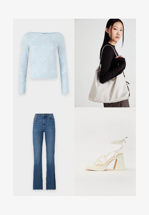 Blusa de manga longa azul-claro com um padrão floral texturizado, decote quadrado e design ajustado. Feita de um material leve e suave.; Jeans de ganga azul flare com uma cintura alta, apresentando uma bainha desfiada e um design de cinco bolsos. Textura suave com desbotamento subtil.; Sandálias brancas de salto alto com um salto robusto, apresentando um design com tiras e amarração no tornozelo. Textura suave com uma plataforma na frente para altura adicional.; Uma bolsa bege feita de material macio, com um design descontraído, detalhes de costura e duas alças para o ombro. Adequada para uso diário.