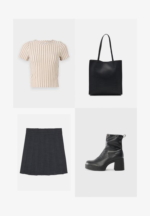 Bežový top s krátkym rukávom a horizontálnymi námorníckymi pruhmi. Má okrúhly výstrih a rebrovanú textúru, ktorá poskytuje priliehavý strih.; Tmavošedá skladaná sukňa s elastickým pásom, s textúrovanou tkaninou a klasickým A-línkovým strihom. Vhodná na neformálne nosenie.; Čierne členkové topánky z hladkej kože, so bočným zipsom, robustnou textúrovanou pätnou časťou a zaobleným dizajnom špičky.; Čierna kožená taška na rameno s hladkým povrchom, obdĺžnikovým tvarom a dvoma dlhými uchami. Bez viditeľného kovania alebo ozdôb.
