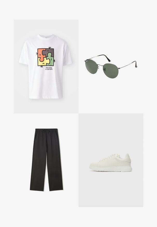 Bijela majica s grafikom kvadratne slagalice koja ima crvene, zelene, žute i crne elemente. Natpis glasi "novi originali." Mekani pamuk.; Crne hlače s elastičnim pojasom, vezicom i bočnim džepovima, u opuštenom kroju i ravnim nogavicama.; Bijele kožne tenisice s teksturiranim gornjištem, okruglim prstom, ravnim bijelim potplatom i toniranim vezicama. Suptilno brendiranje na jeziku.; Naočale s metalnim okvirom i ovalnim zelenim staklima. Tanka srebrna metalna konstrukcija i crni silikonski jastučići za uši. Minimalistički dizajn, bez vidljivih logotipa.