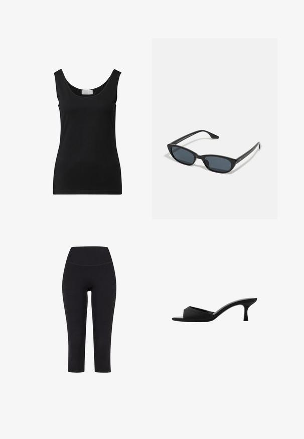 Svart ärmlös linne med rundad halsringning, figurnära passform och en liten vit märkesetikett inuti halsringningen.; Svarta trekvarts leggings i stretchigt material, med hög midja och utan synliga mönster eller beslag.; Svarta klackade mules med tår med bred öppen tå och en böjd överdel. Tillverkade av strukturerat tyg, med en slank klack och en slät sula.; Svarta kattögon-solglasögon med mörka linser, plastbåge, smala skalmar och subtil branding på den inre armen. Matt yta.